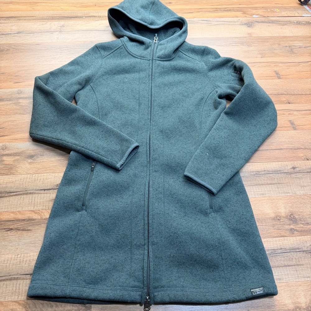 LL Bean Women's size S reg Sweater Fleece Coat Teal Hooded Zip-Up Coat - Picture 2 of 7